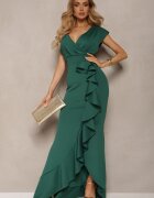 messaya Rochie lungă elegantă verde cu croi asimetric și decolteu în V cu volane Efimea