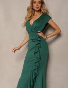 messaya Rochie lungă elegantă verde cu croi asimetric și decolteu în V cu volane Efimea