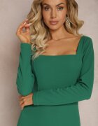 messaya Rochie Midi Cambrată Verde cu Decolteu Pătrat Peonis