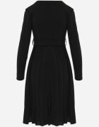 messaya Rochie Midi Plisată Neagră cu Decolteu Plic și Curea din Material în Talie Keviana