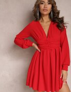 messaya Rochie mini roșie cu decolteu triunghiular și talie încrețită decorată cu nasturi Bulwina