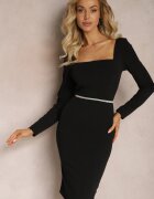 messaya Rochie Mulată Midi Neagră cu Decolteu Pătrat Peonis