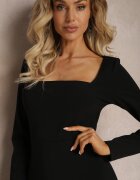 messaya Rochie Mulată Midi Neagră cu Decolteu Pătrat Peonis