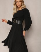 messaya Rochie Neagră Midi cu croială cloș și mâneci bufante Amatya