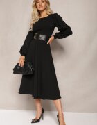 messaya Rochie Neagră Midi cu croială cloș și mâneci bufante Amatya