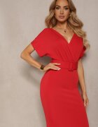messaya Rochie plic roșie cu curea din material cu cataramă și decolteu triunghiular Mennada