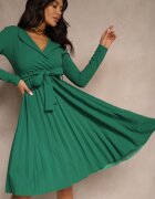 messaya Rochie Plisată Midi Verde cu Decolteu petrecut și Curea din material în talie Keviana