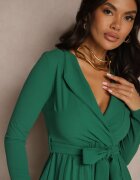 messaya Rochie Plisată Midi Verde cu Decolteu petrecut și Curea din material în talie Keviana