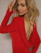 messaya Rochie Roșie cu Croială Cambrată cu Mânecă Lungă și cu Spatele Decupat Decorată cu Pene Emailate