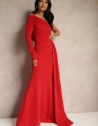 messaya Rochie roșie de seară asimetrică pe un umăr cu trenă și fir metalic Emivonia