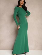 messaya Rochie verde închis cu croială cambrată cu mâneci lungi și spate decupat decorată cu pene Emaliene