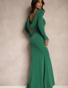 messaya Rochie verde închis cu croială cambrată cu mâneci lungi și spate decupat decorată cu pene Emaliene