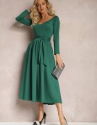 messaya Rochie Verde Midi cu croială evazată cu curea în talie și decolteu în V Vividia
