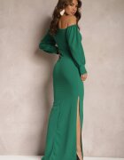 messaya Rochie Verde Mulată Maxi cu Croi Asimetric cu Mâneci Bufante și Despicătură Belsara