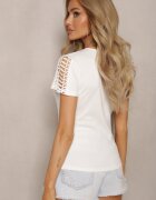 metrofive Biały T-shirt z Bawełny Ozdobiony Ażurową Koronką Sarille