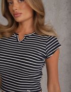 metrofive Crop top din bumbac din tricot cu dungi decorat cu decupaj Ionilla Bleumarin