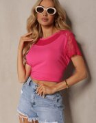 metrofive Tricou cu mânecă scurtă din viscoză roz și dantelă Liada