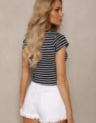 metrofive Tricou cu nervuri Bleumarin din Bumbac cu Croială Scurtă Zolira