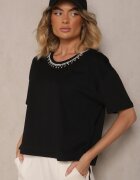 metrofive Tricou Negru din Bumbac cu Zirconii Fadeola