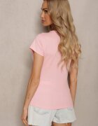 metrofive Tricou Roz pal din bumbac cu mânecă scurtă și dantelă decorativă la decolteu Comelina