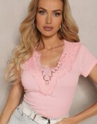 metrofive Tricou Roz pal din bumbac cu mânecă scurtă și dantelă decorativă la decolteu Comelina