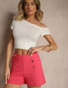 metrofive Pantaloni scurți fuchsia din bumbac High Waist decorați cu nasturi