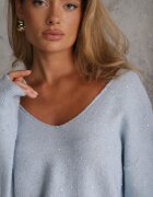 metrofive Pulover cu decolteu în V și paiete din tricot cu adaos de lână Driana Albastru