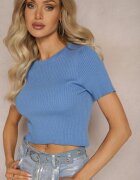 metrofive Tricou Albastru Scurt din Tricot Reiat Poutia