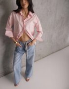 milas91 Blugi Albaștri Largi din Bumbac High Waist Decorați cu Șnur Legat Neviolla