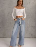 milas91 Blugi Largi Albastri din Bumbac High Waist cu Centură Tip Șnur Caninna