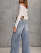milas91 Blugi Largi Albastri din Bumbac High Waist cu Centură Tip Șnur Caninna