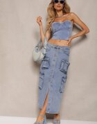 milas91 Fustă albastră casual din denim talie înaltă decorată frontal cu nasturi și buzunare cu clapetă