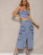 milas91 Fustă albastră casual din denim talie înaltă decorată frontal cu nasturi și buzunare cu clapetă