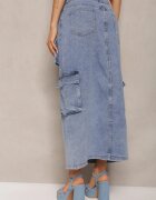milas91 Fustă albastră casual din denim talie înaltă decorată frontal cu nasturi și buzunare cu clapetă