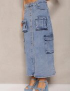 milas91 Fustă albastră casual din denim talie înaltă decorată frontal cu nasturi și buzunare cu clapetă