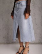 milas91 Fustă Albastră din Denim cu Bumbac Talie înaltă și Crăpătură pe Picior Cinadessa