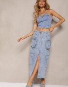 milas91 Fustă Albastră Din denim Regular Waist cu Buzunare cu Capse și Despicătură Alicella
