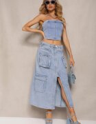 milas91 Fustă Albastră Din denim Regular Waist cu Buzunare cu Capse și Despicătură Alicella