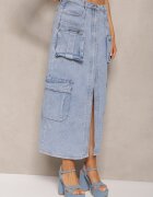 milas91 Fustă Albastră Din denim Regular Waist cu Buzunare cu Capse și Despicătură Alicella