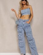 milas91 Pantaloni Albaștri Talie Înaltă cu Picioare Drepte și Buzunare Decorative Quliana