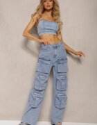 milas91 Pantaloni Albaștri Talie Înaltă cu Picioare Drepte și Buzunare Decorative Quliana