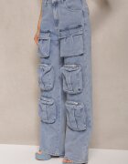 milas91 Pantaloni Albaștri Talie Înaltă cu Picioare Drepte și Buzunare Decorative Quliana