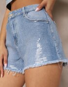 milas91 Pantaloni scurți Albaștri Talie înaltă cu Fermoar și Craci cu Margine Franjurată Javela