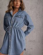 milas91 Rochie cămașă Albastră de blugi din bumbac cu legătură și încrețire Enatta