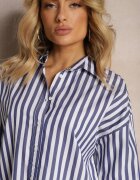 miss poem Cămașă alb-bleumarin din bumbac cu dungi verticale cu nasturi Drolia