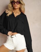 miss poem Cămașă Negră din Bumbac cu Spate mai Lung și cu Elastic de Strângere Sasina