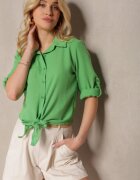 miss poem Cămașă Verde cu mâneci suflecabile legată la poale încheiată cu nasturi Sanesria