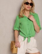 miss poem Cămașă Verde cu mâneci suflecabile legată la poale încheiată cu nasturi Sanesria