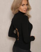 miss poem Maleta neagră mulată din tricot striat cu viscoză cu legătură și decupaj la spate Voretta