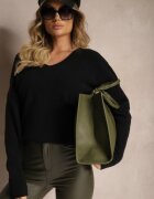 miss poem Pulover Negru cu Decolteu Triunghiular Vititana